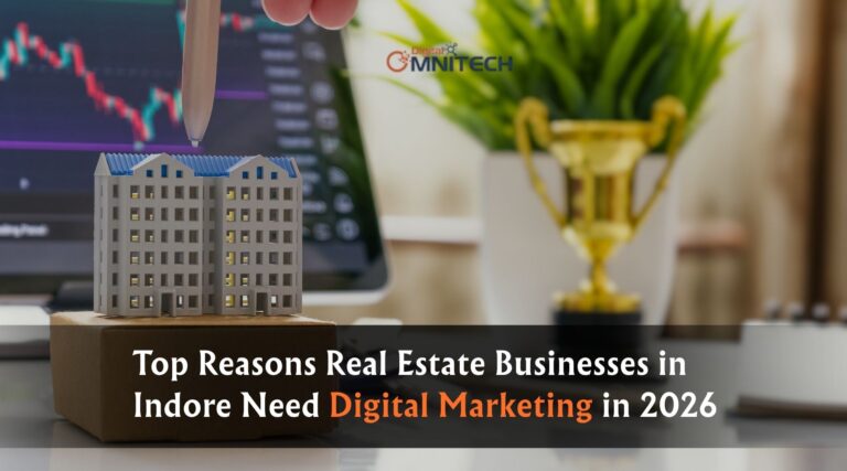 Real estate digital marketing in Indore illustration with Digital OmniTech branding.